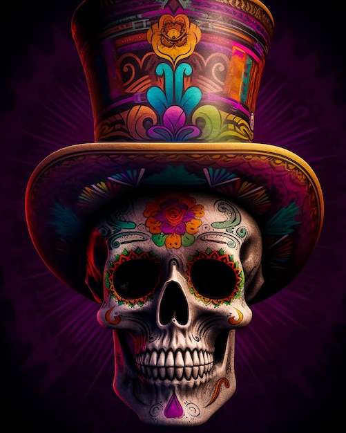 A Mexican colorful tattoo skull wearing a traditional hat and flowers on it