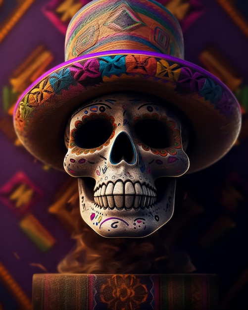 A Mexican colorful tattoo skull wearing a traditional hat and flowers on it