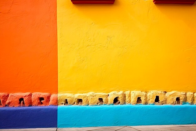 Photo mexican colors vibrant finery on beige house wall background with yellow accents