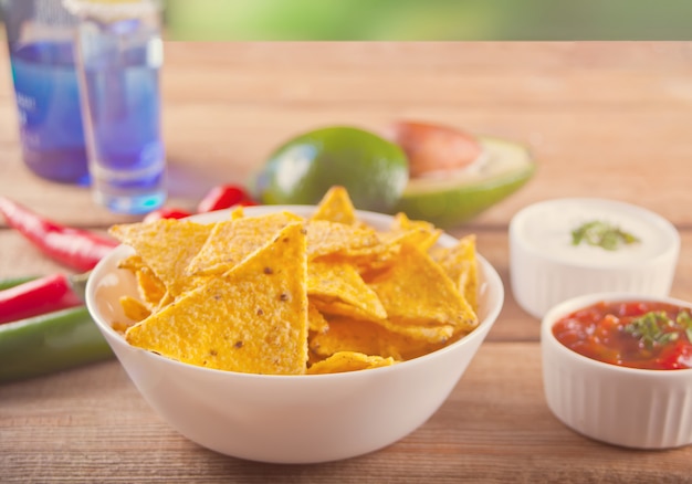 Mexican corn chips nachos with salsa dip