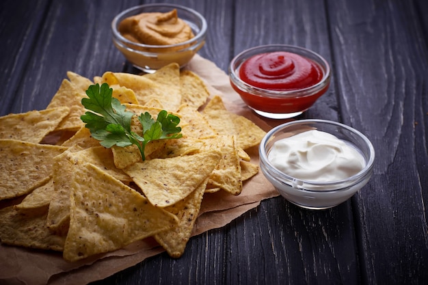 Mexican corn chips nachos with sauce