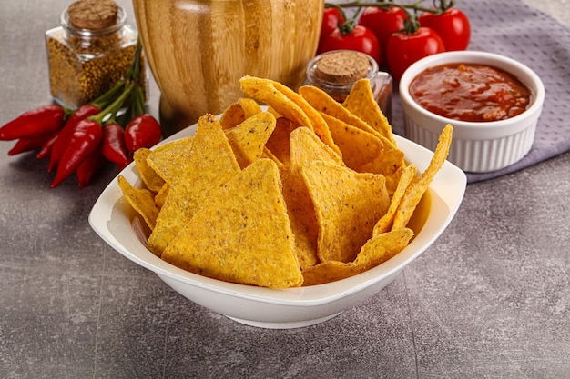 Mexican corn nachos chips with salsa dip