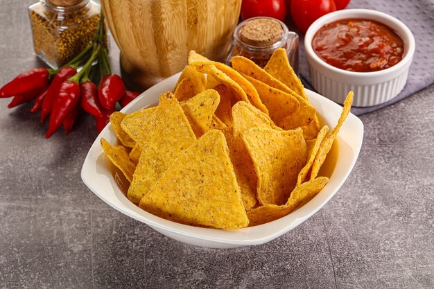 Mexican corn nachos chips with salsa dip