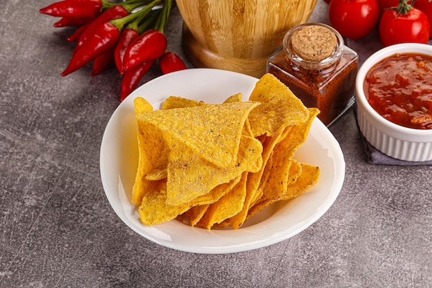 Mexican corn nachos chips with salsa dip