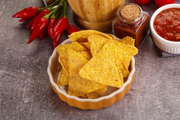 Mexican corn nachos chips with salsa