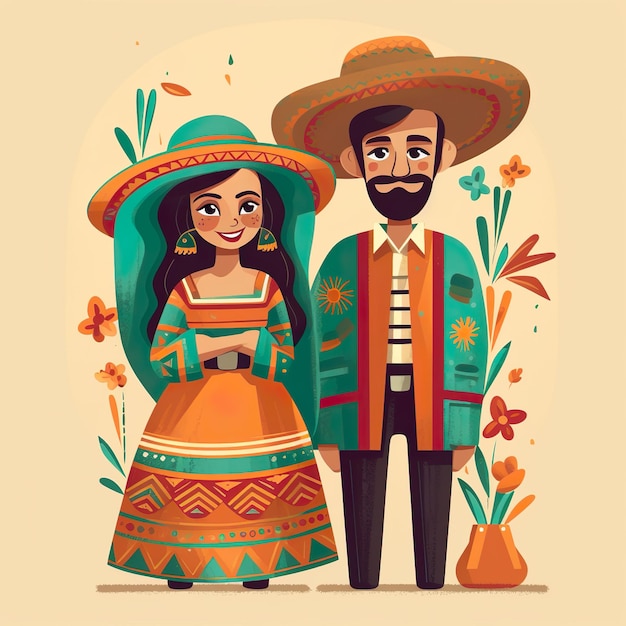 Mexican couple illustration in traditional attire generative ai