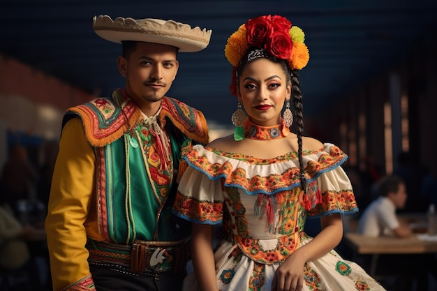 Фото Мексиканская пара в традиционной максиканской культуре платье для праздника, генеративный искусственный интеллект