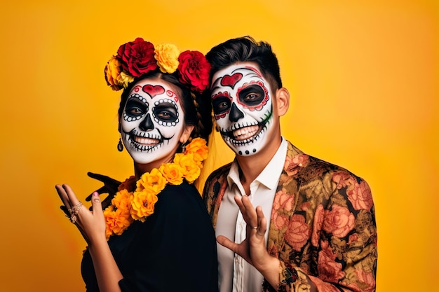 Mexican couple in sugar skulll makeup day of dead dia de los muertos concept generative ai