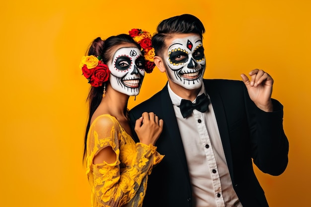 Mexican couple in sugar skulll makeup day of dead dia de los muertos concept generative ai