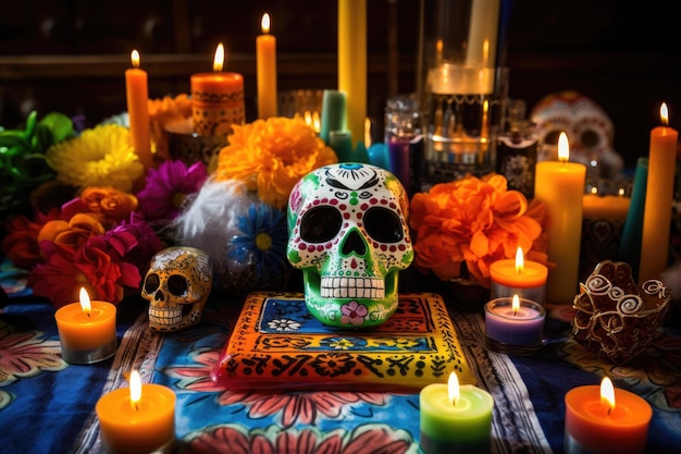 mexican Day of the dead altar with sugar skulls