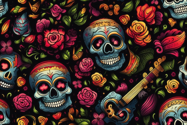 Mexican day of the dead celebration seamless pattern generative AI
