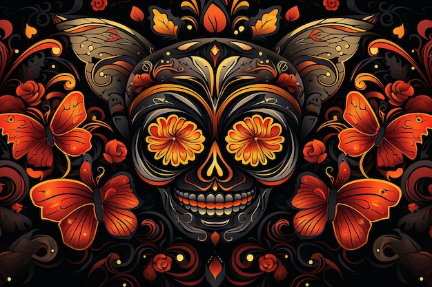 Мексиканский день мертвых диа-де-лос-муэртос красочный цветочный фон черепа бабочки-монарха