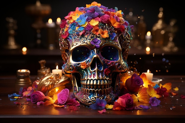 죽은 dia de los muertos 다채로운 두개골 배경의 멕시코 날