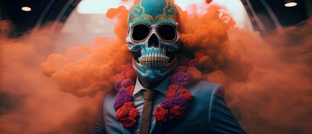 Mexican Day of the Dead skull wearing suit and standing in smoke Generative AI