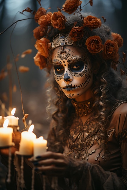メキシコの死者の日 砂糖の頭蓋骨 カトリーナ  ⁇ 細なメイクをした美しい女の子