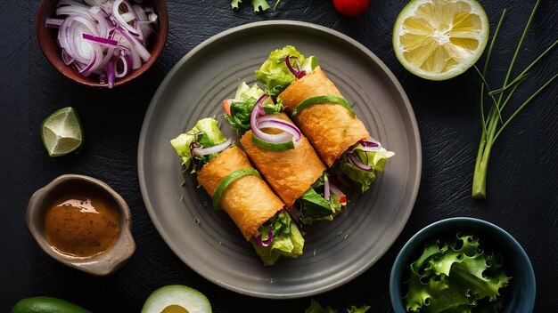 Photo mexican delicious fried egg rolls with lettuce avocadoes onions and tomatoes