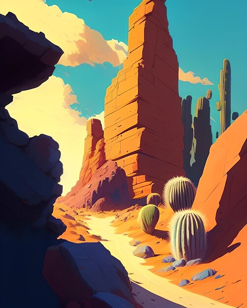 Mexican desert landscape, hot sun and cactuses, cactus. game\
art