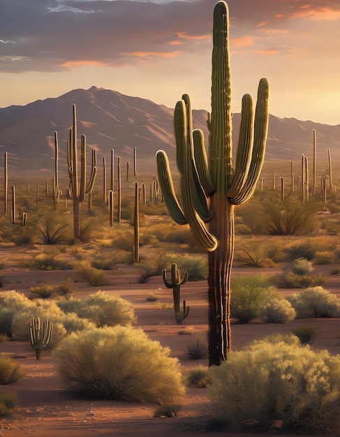 Photo a mexican desert landscape with towering saguaro cacti