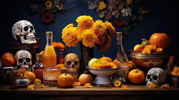 장식된 제단과 함께하는 멕시코의 디아 데 로스 무에르토스(Dia de los Muertos) 축하 행사