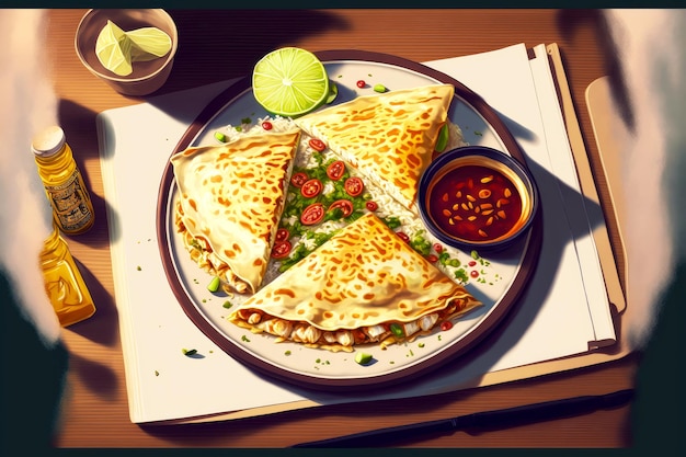 Mexican dish quesadillas with chicken cheese and pineale for lunch