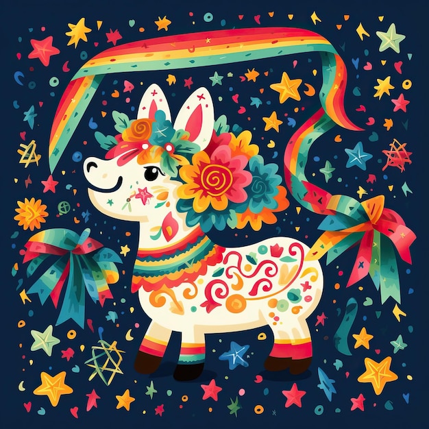 Мексиканская вышивка с изображением праздничной пиаты, украшенной красочными лентами