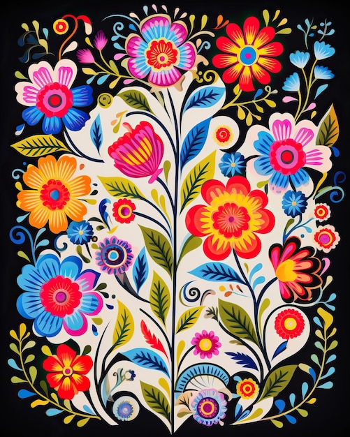 Mexican embroidery design featuring intricate patterns of colorful flowers and flourishing vines