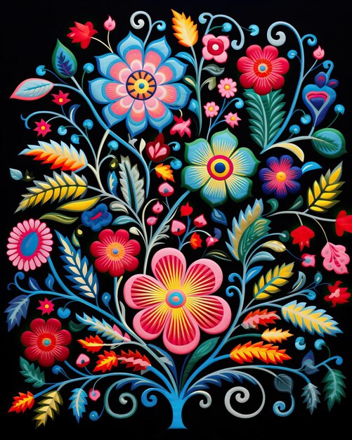 Mexican embroidery design featuring intricate patterns of colorful flowers and flourishing vines