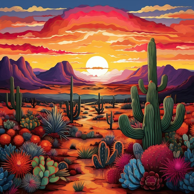 カクティと山々で静かな砂漠の風景を描いたメキシコの刺<unk>モチーフ