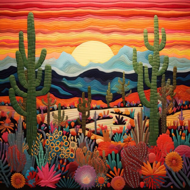 Mexican embroidery motif depicting a serene desert landscape with cacti and mountains