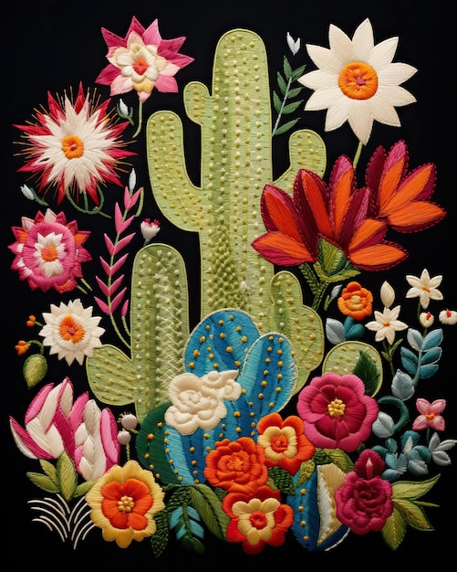 Mexican embroidery motif showcasing a magnificent cactus in full bloom