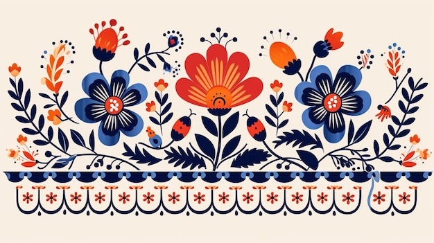 Мексиканский векторный узор в стиле вышивки с цветами и листьями поздравительной открытки квадратной формы на