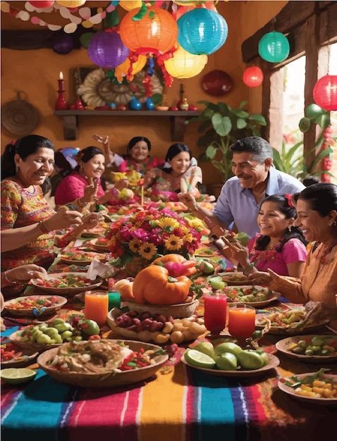 Mexican family gathering around a traditional dinner table surrounded by colorful decorations