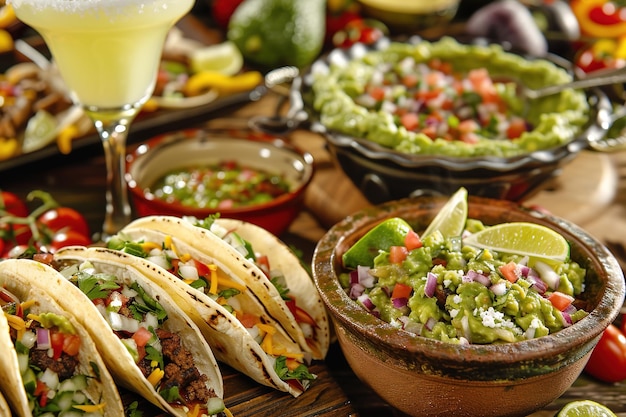 Mexican feast with tacos guacamole and margarita