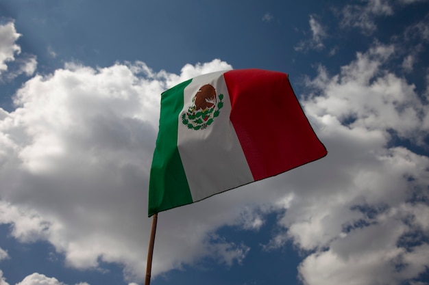 メキシコの家の旗竿の上を飛んでいるメキシコの旗メキシコ独立記念日のコンセプト