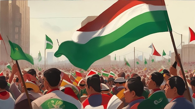 Мексиканский флаг, размахивающийся на ветру, с толпой людей, приветствующих на переднем плане