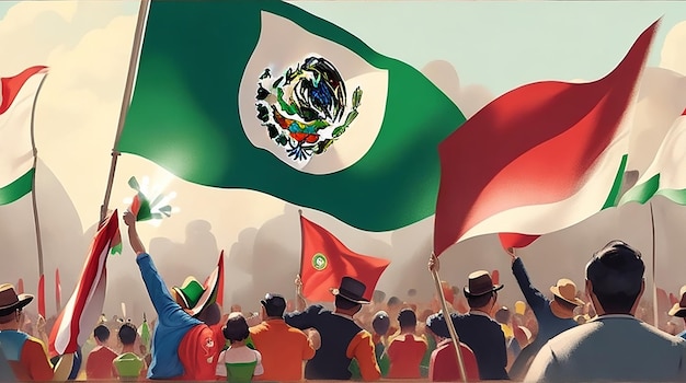 Mexican flag waving in the wind with a crowd of people cheering in the foreground