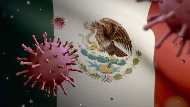 危険なインフルエンザとして呼吸器系に感染するコロナウイルスの発生で手を振っているメキシコの旗。インフルエンザタイプのCovid19ウイルスで、メキシコの全国バナーが背景に吹いています。パンデミックリスクの概念