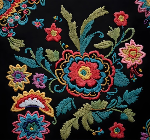 メキシコの花の刺繍と黒の背景