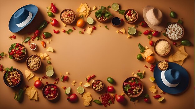 Mexican food background top view of various mexican food in bowls