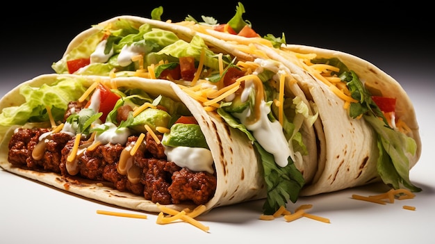 mexican food beef tacos with vegetables on dark wooden background