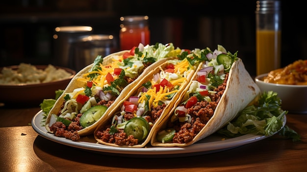 mexican food beef tacos with vegetables on dark wooden background