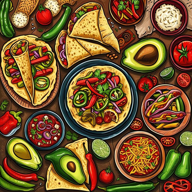 Mexican food cartoon in poster style v 6 Job ID 18498558a34d4d96af6a95aa1c5ea183