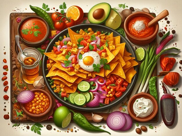 メキシコ料理 チラキレス ナチョス 卵など様々な材料のイラスト