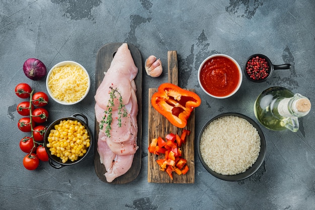 Mexican food. Cuisine of South America. Traditional ingredients, on gray background, top view flat lay