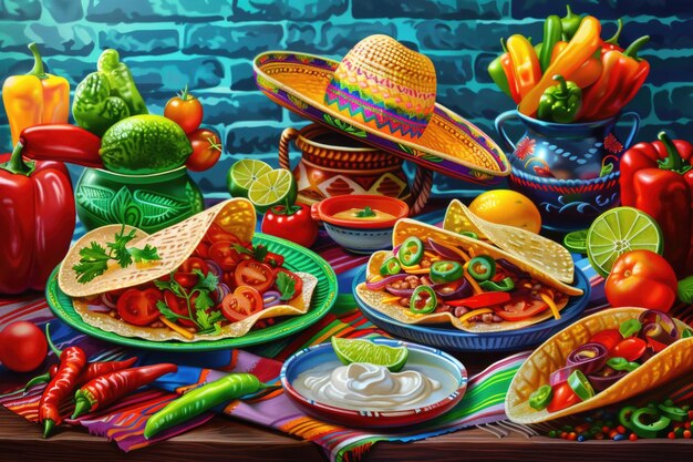 Mexican food and culture in colorful background with sombrero