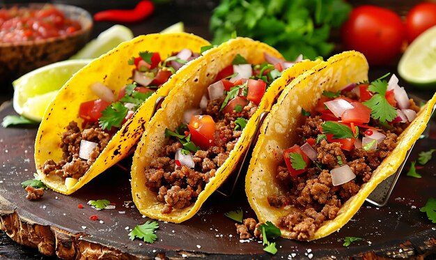 Mexican food delicious taco shells with ground beef and home made salsa