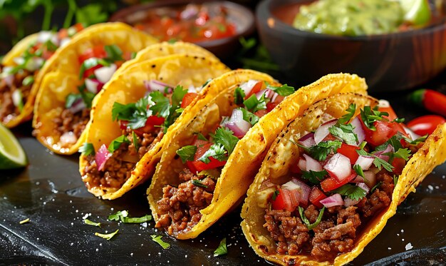 Mexican food delicious taco shells with ground beef and home made salsa