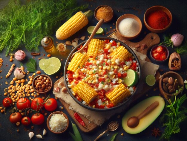 Мексиканская еда Элоте с различными ингредиентами, включая кукурузные овощи и фрукты