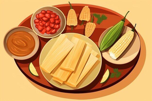 Photo mexican food emblem with tamales and quesadillas over green background