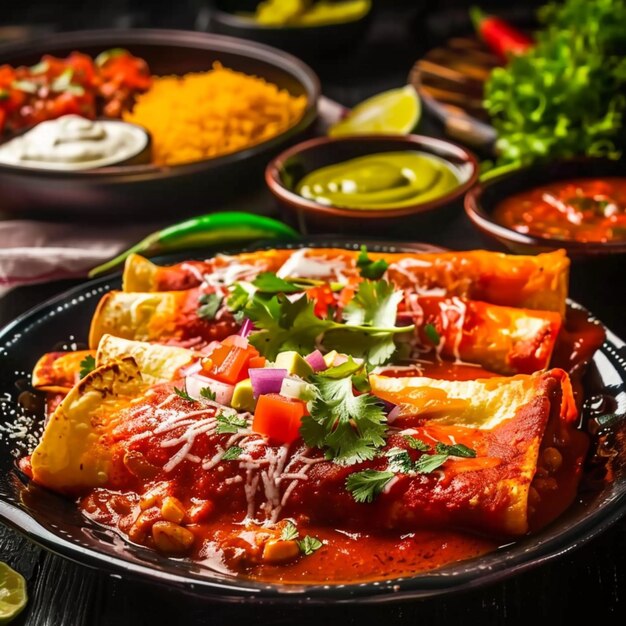 Photo mexican food enchiladas corn tortillas filled with meat cheese or beans rolled